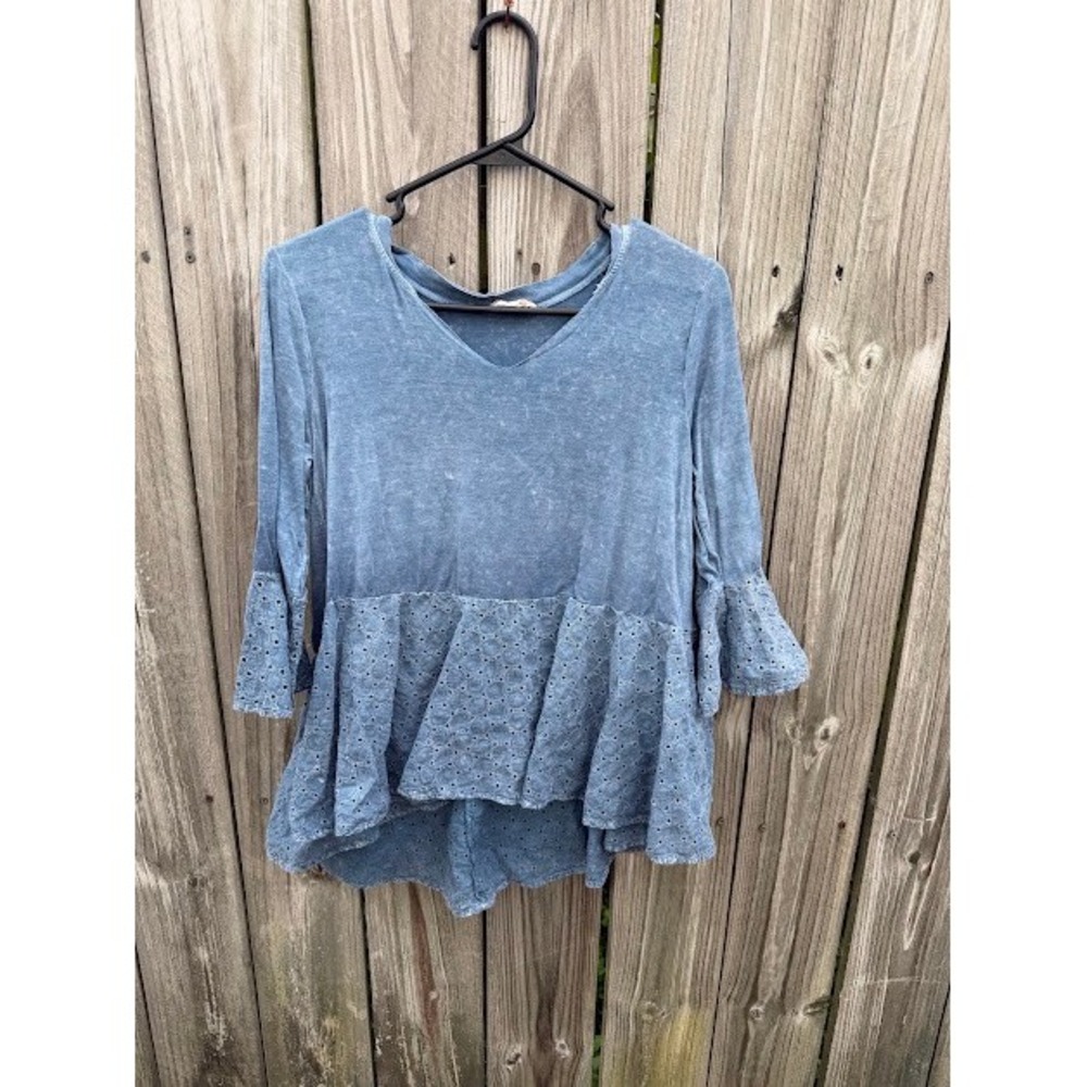 Boho Cottagecore Altar'd State Peplum Top M Blue Eyelet Lace Bell Sleeve